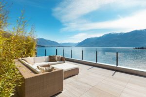 Glass railing and porcelain floor non-slip pavement